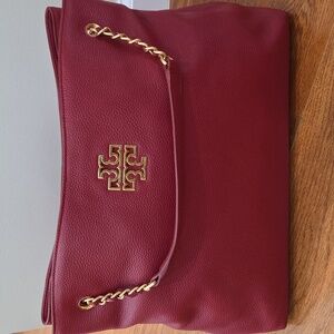 Tory Burch Cranberry Color Leather Shoulder Bag with Gold Chain